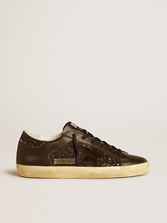 Super-Star pour femme à paillettes noires avec étoile en daim noir et empiècements en cuir